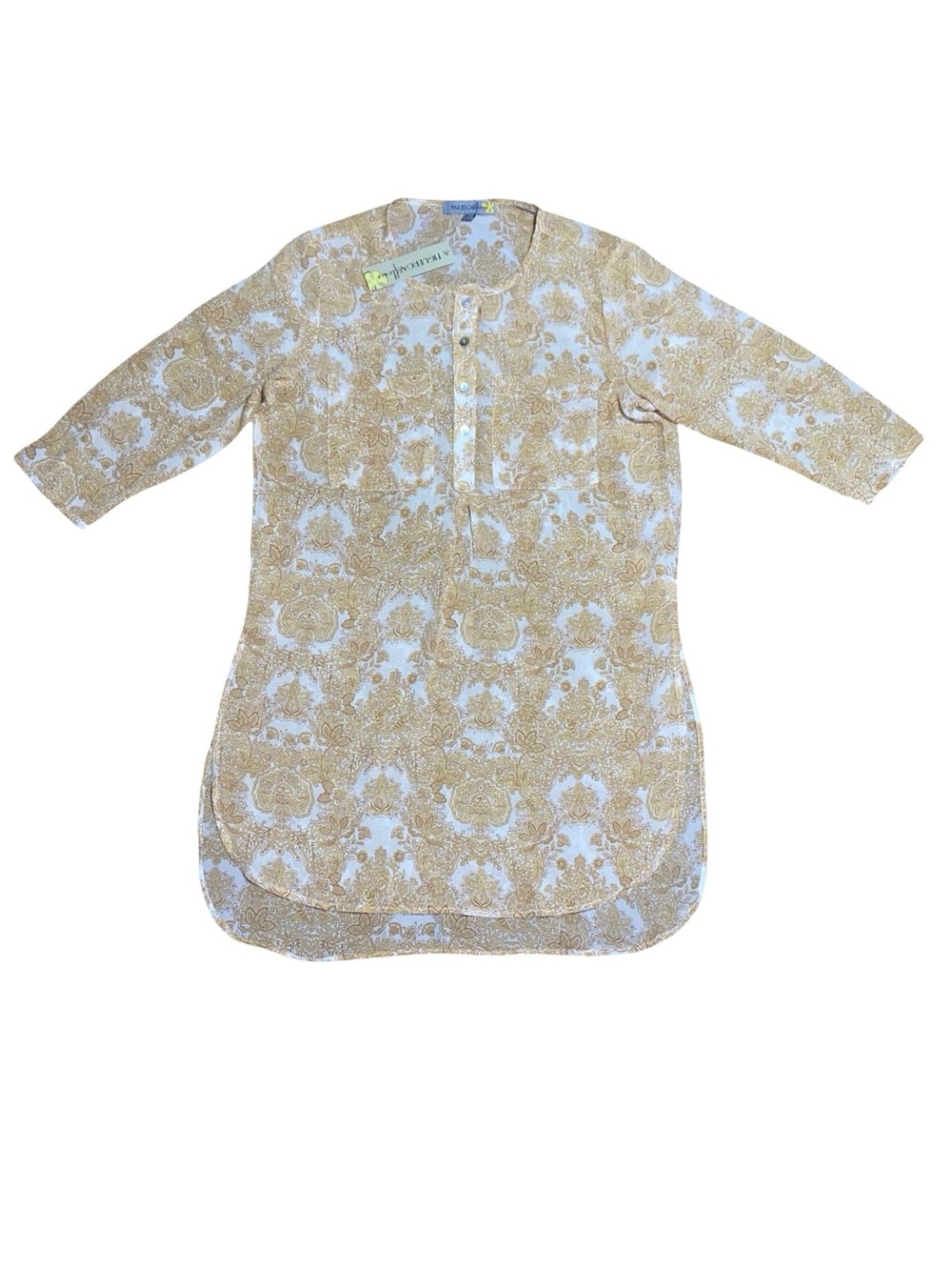 FIGUEROA & FLOWER Boho Floral Paisley Tunic Top Henley 3/4 Sleeve Curved Hem